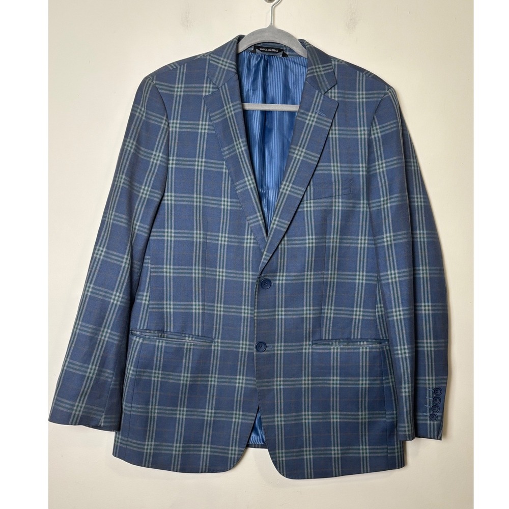 Bertolini Mens Windowpane Plaid Blazer 40R Blue Wool Silk 2-Button Sport Coat